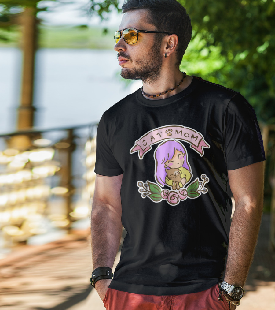 Cat Mom Cute Drawing With Purple Hair And Cat Hug T-Shirt