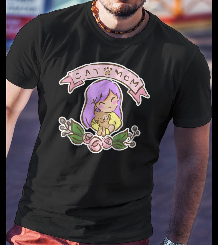 Cat Mom Cute Drawing With Purple Hair And Cat Hug T-Shirt