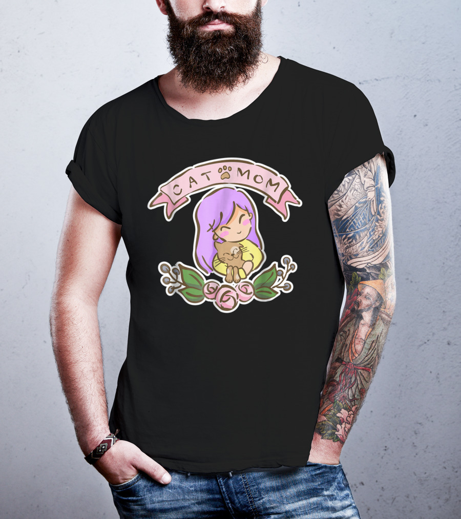 Cat Mom Cute Drawing With Purple Hair And Cat Hug T-Shirt