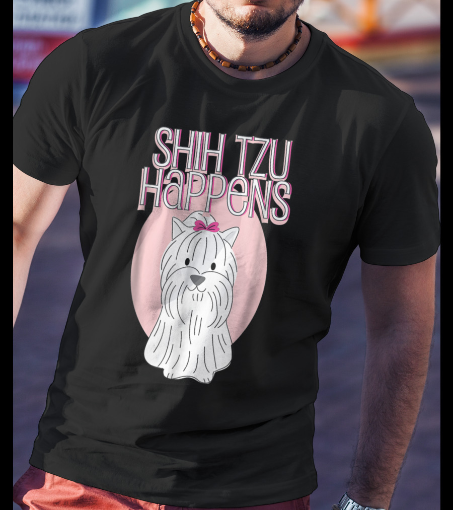 Shih Tzu Happens Dog Pink Bow Oval Background T-Shirt