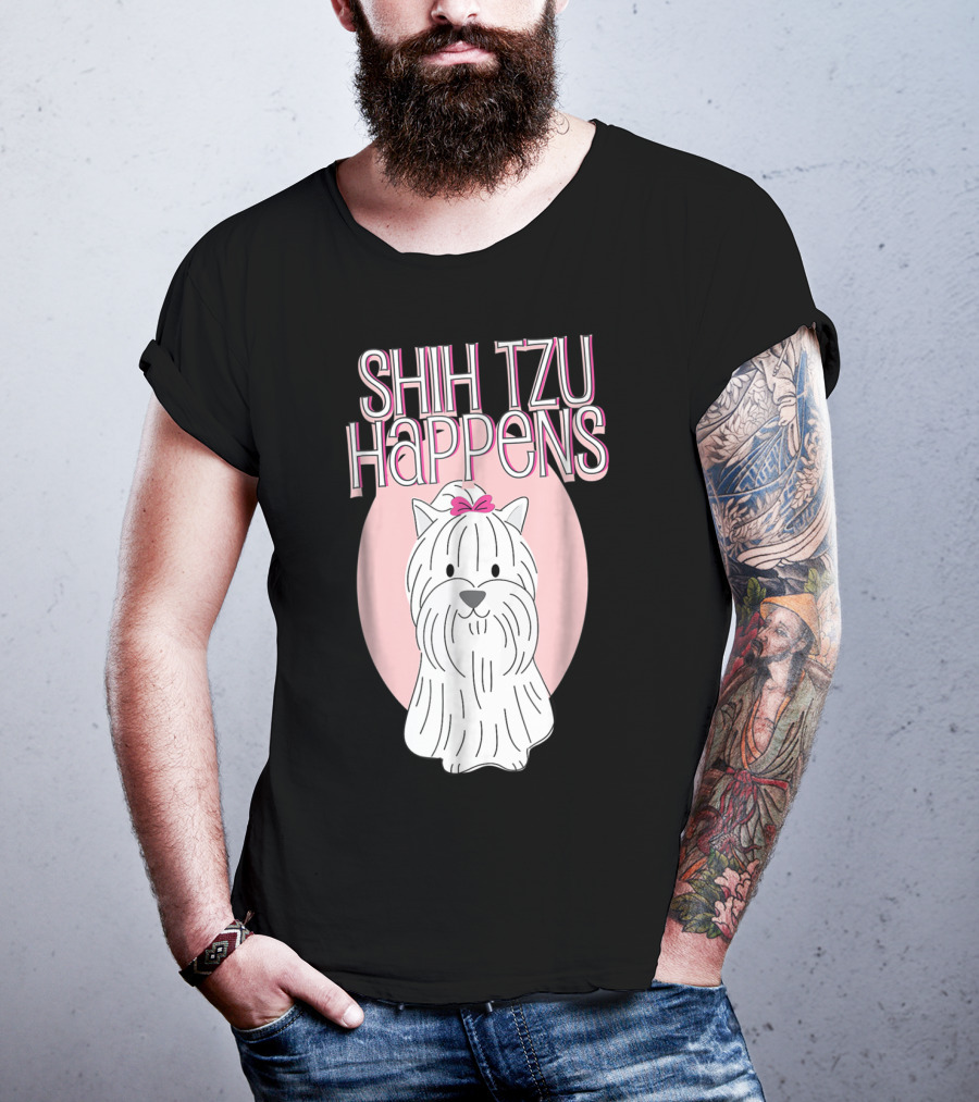 Shih Tzu Happens Dog Pink Bow Oval Background T-Shirt