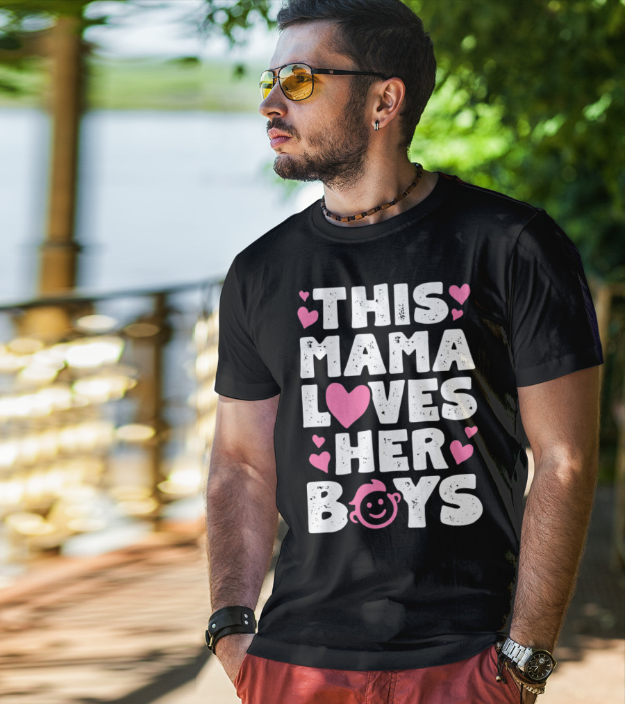 This Mama Loves Her Boys Heart Pink Face With Hearts T-Shirt