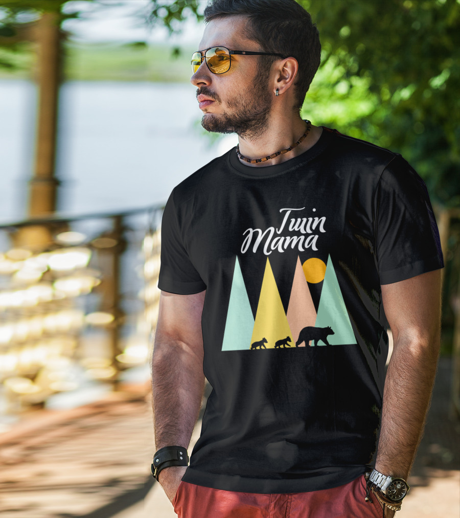 Twin Mama Bear Camping With Cubs In Forest T-Shirt