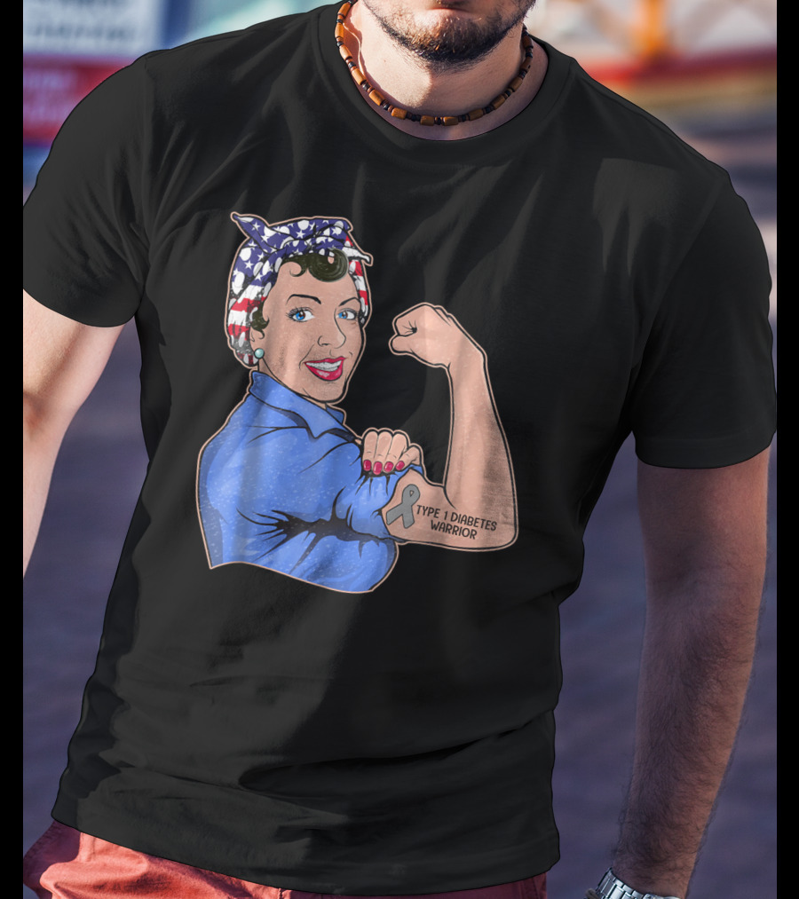 Type 1 Diabetes Warrior American Flag Rosie The Riveter Style Lady Girl35 T-Shirt