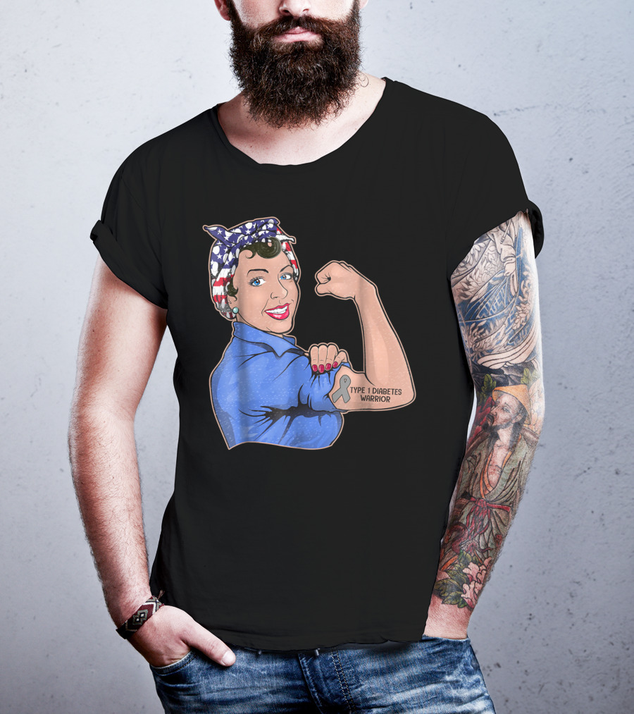 Type 1 Diabetes Warrior American Flag Rosie The Riveter Style Lady Girl35 T-Shirt