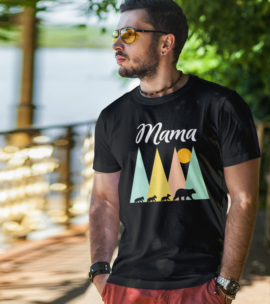 Mama Bear With Three Cubs Camping In The Mountains T-Shirt