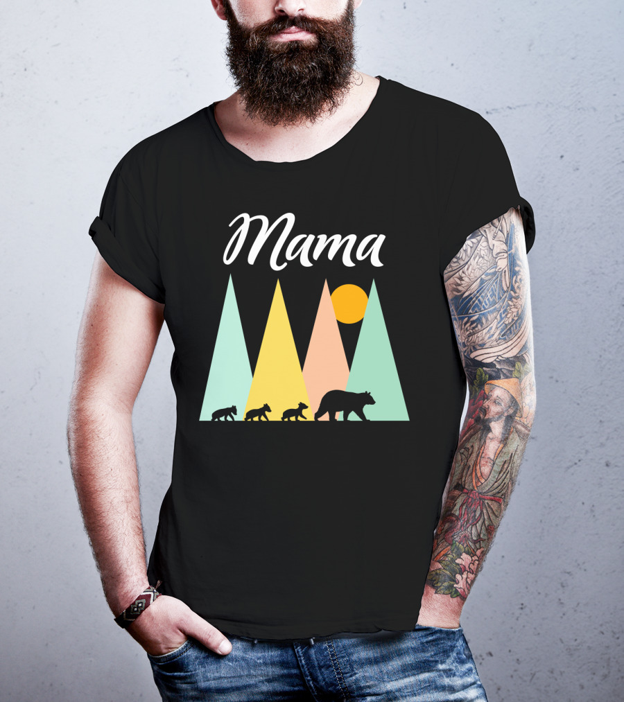 Mama Bear With Three Cubs Camping In The Mountains T-Shirt