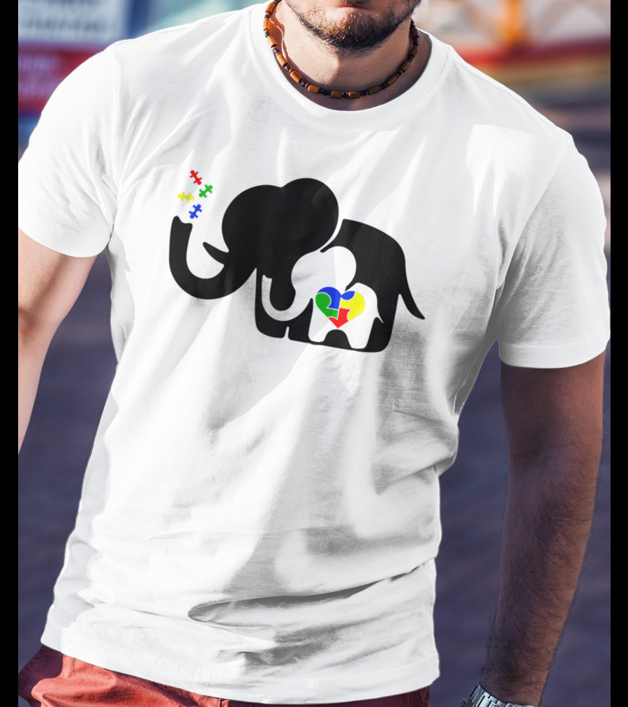 Autism Awareness Elephant With Puzzle Heart And Baby Elephant For Autism Mom T-Shirt
