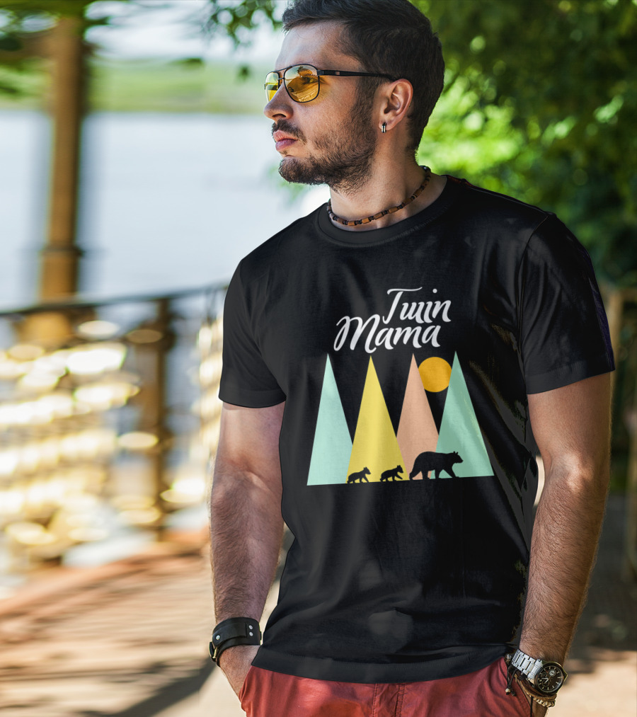 Twin Mama Bear With Cubs In Colorful Forest Scene T-Shirt