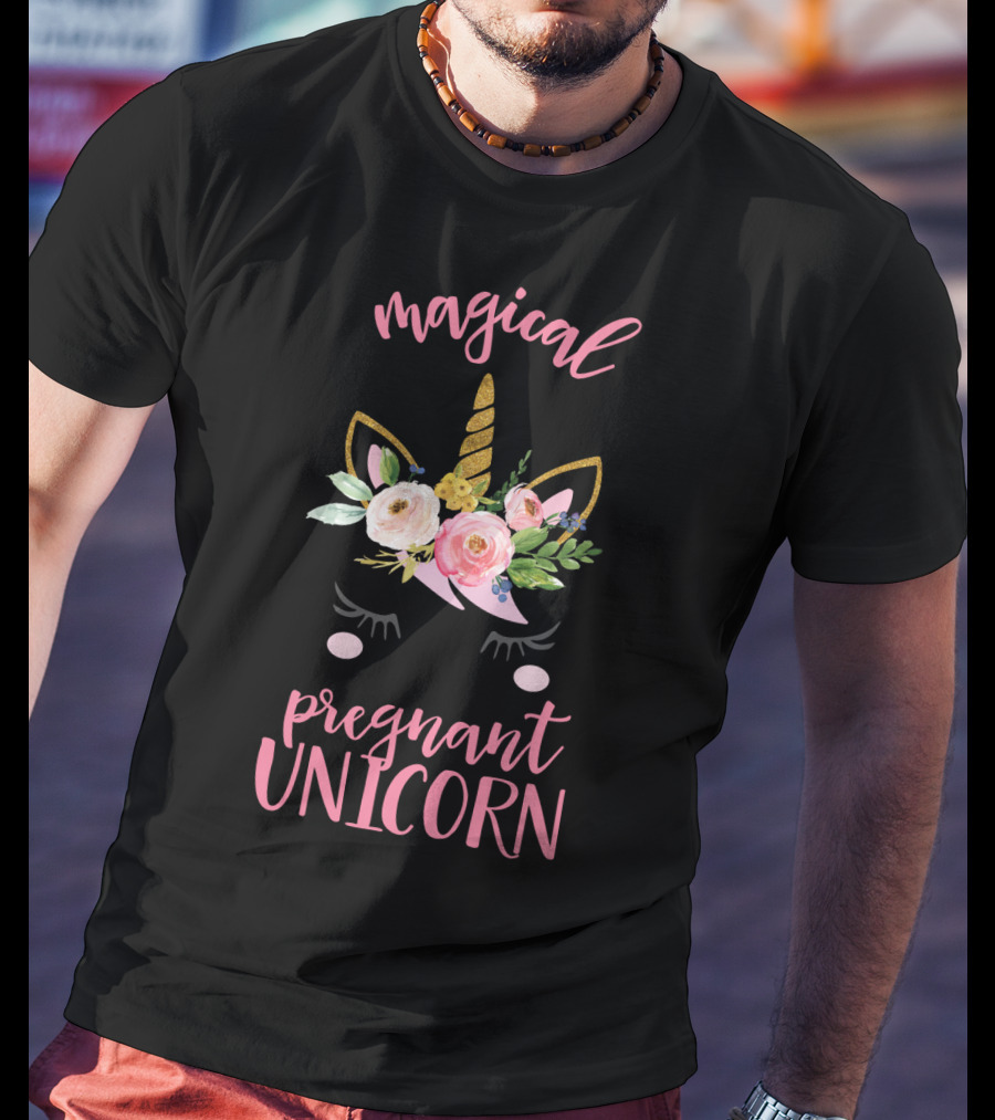 Magical Pregnant Unicorn Floral Horn T-Shirt
