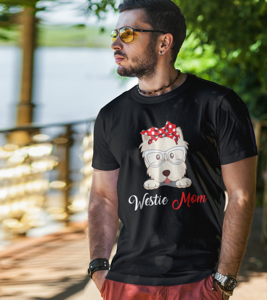 Westie Mom Glasses And Red Bow Dog Mom T-Shirt