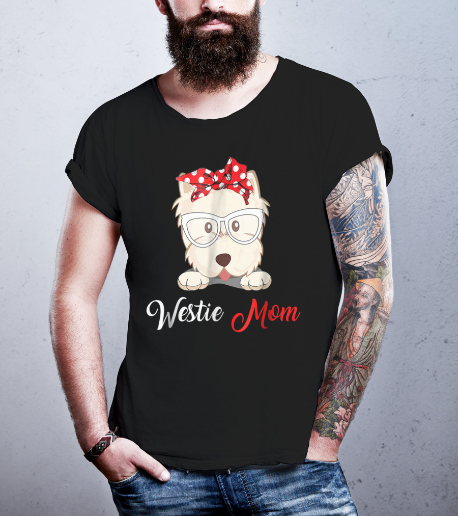 Westie Mom Glasses And Red Bow Dog Mom T-Shirt