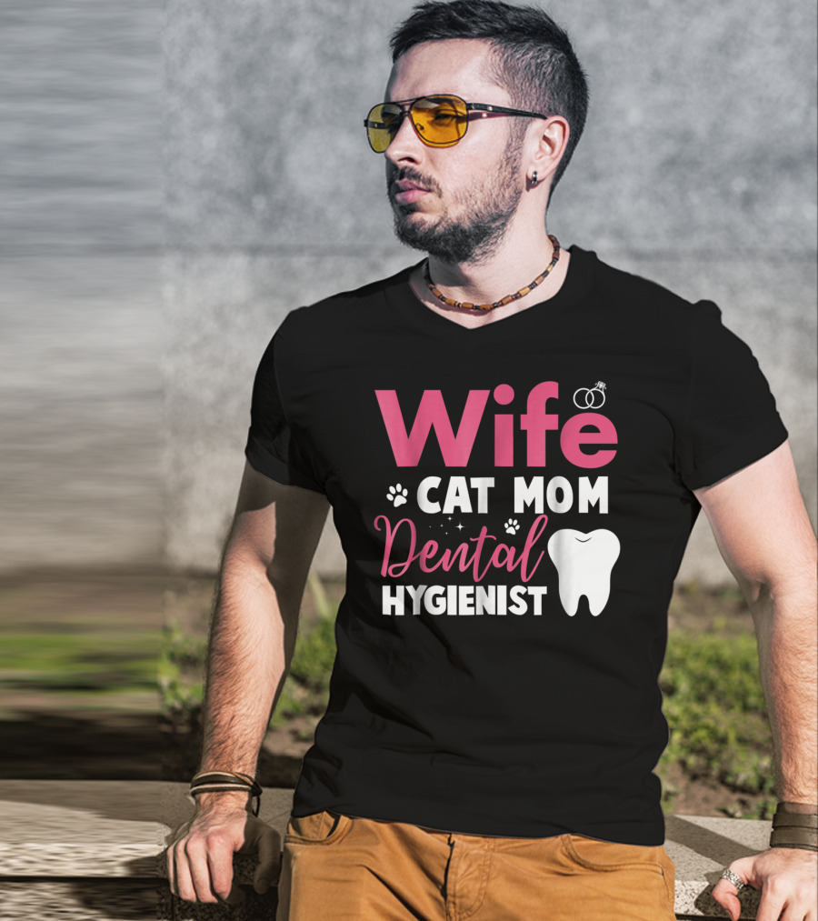 Wife Cat Mom Dental Hygienist Rings Paws Tooth T-Shirt