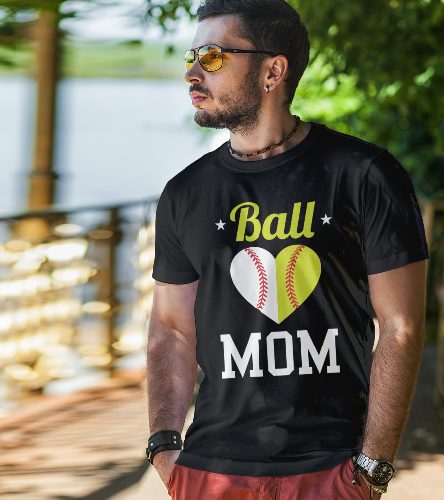 Ball Mom Heart Baseball Softball Dual Sports Mom T-Shirt