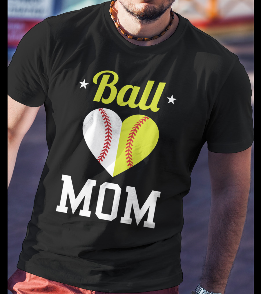 Ball Mom Heart Baseball Softball Dual Sports Mom T-Shirt