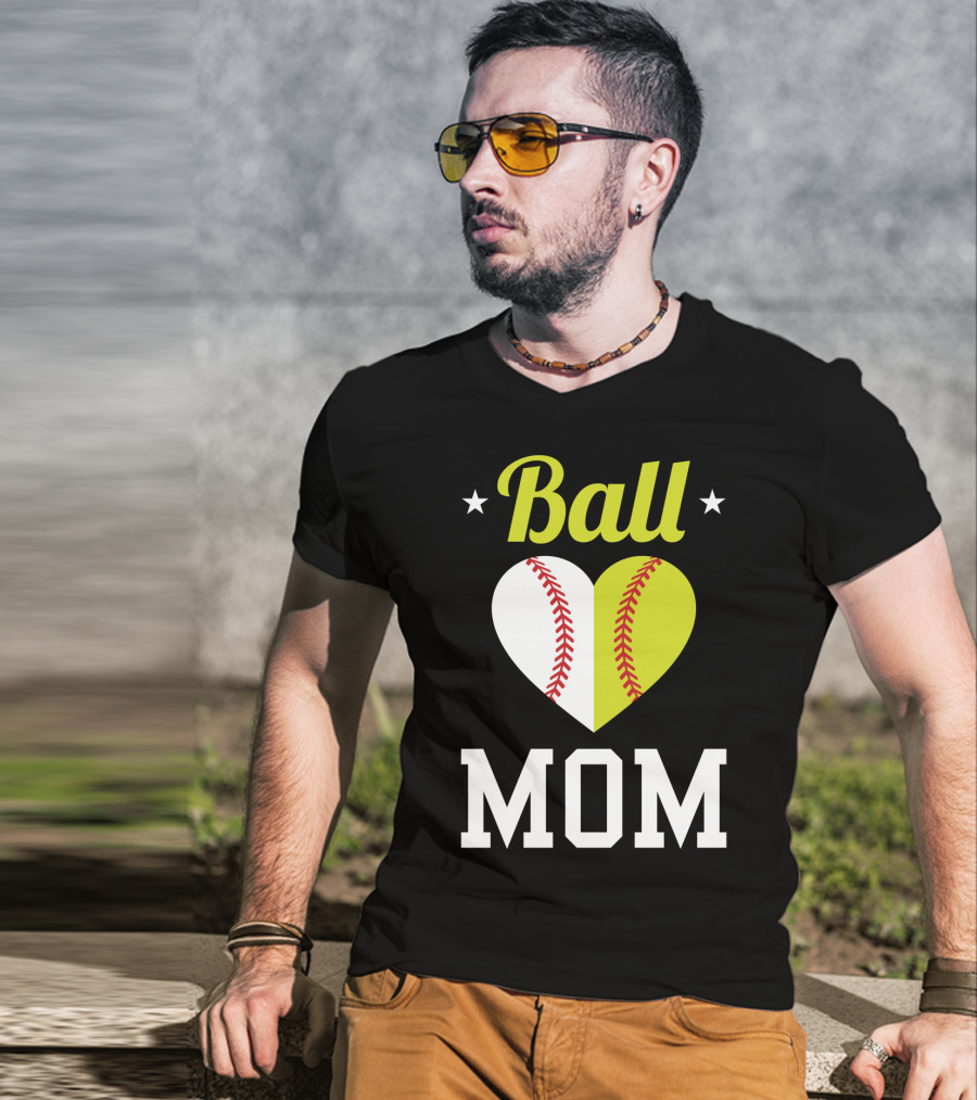 Ball Mom Heart Baseball Softball Dual Sports Mom T-Shirt