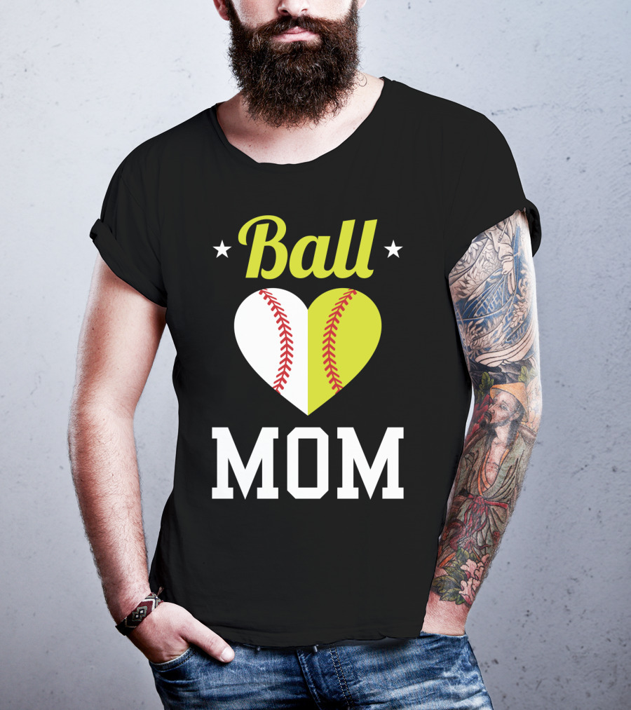 Ball Mom Heart Baseball Softball Dual Sports Mom T-Shirt
