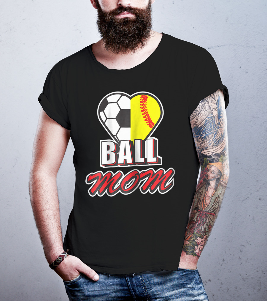 Ball Mom Love Soccer Softball Heart Tops T-Shirt