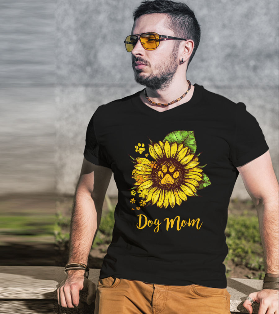Dog Mom Sunflower With Dog Paw Prints T-Shirt