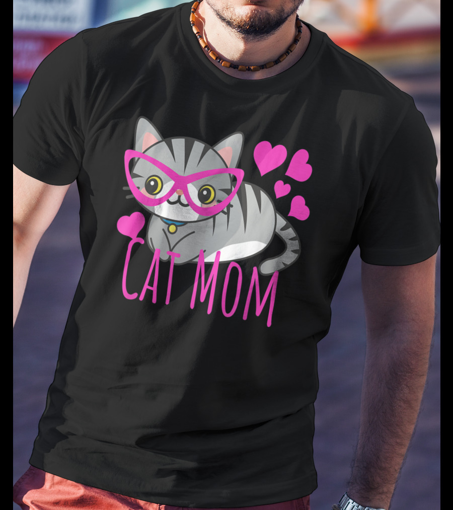 Cute Kawaii Cat Mom With Pink Glasses And Hearts T-Shirt