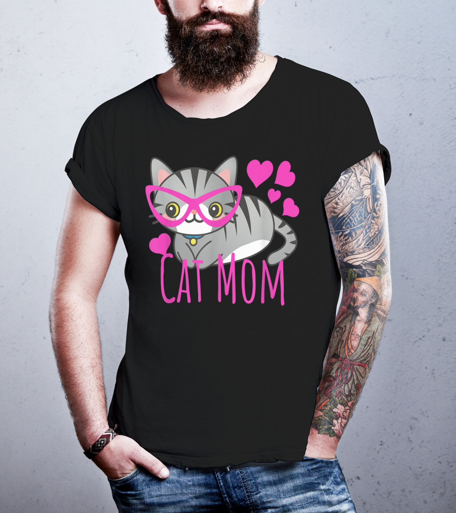 Cute Kawaii Cat Mom With Pink Glasses And Hearts T-Shirt
