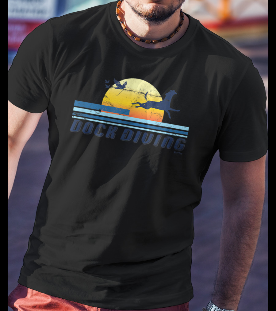 Dock Diving Jumping Dog Mom Dad Retro Sunset T-Shirt