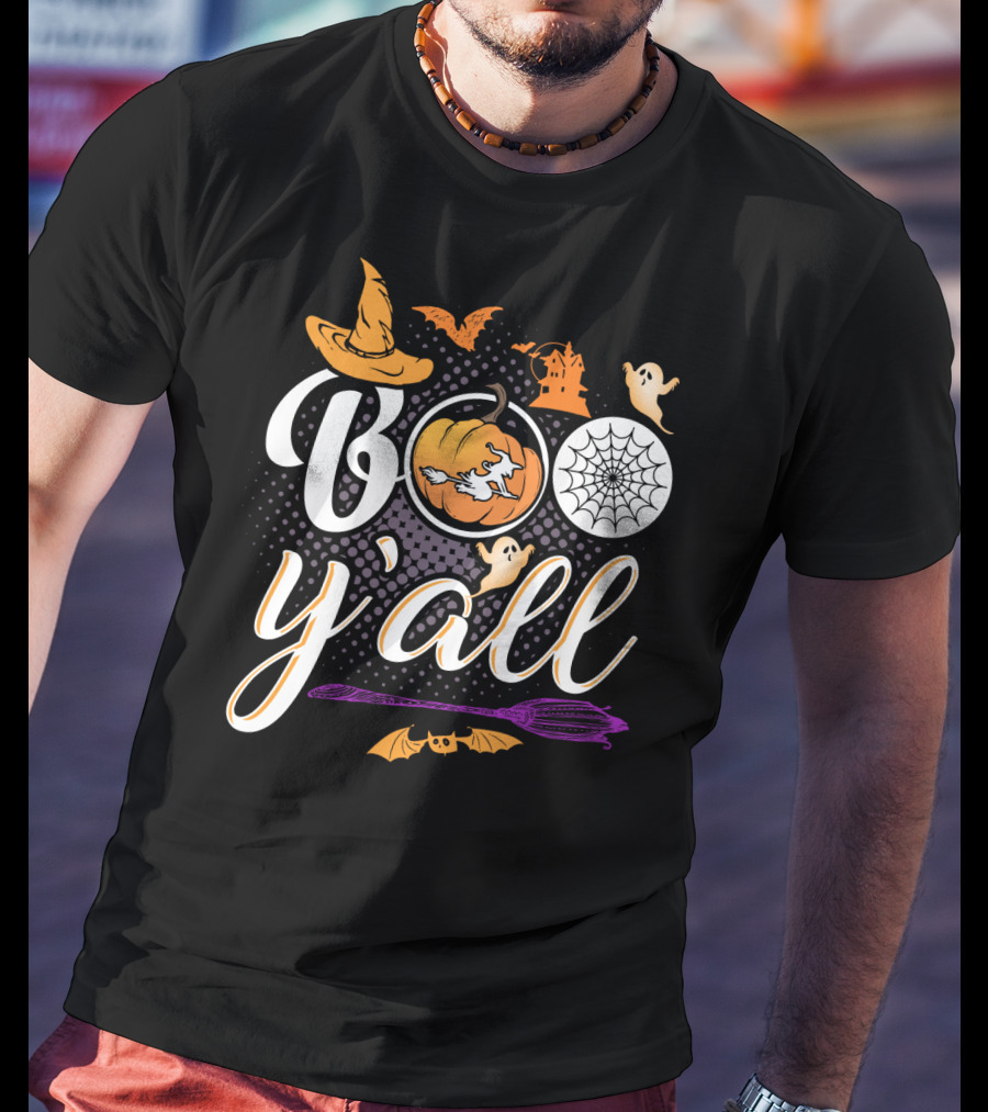 Boo Y'all Halloween Witch Hat Pumpkin Ghost Spiderweb Broomstick T-Shirt