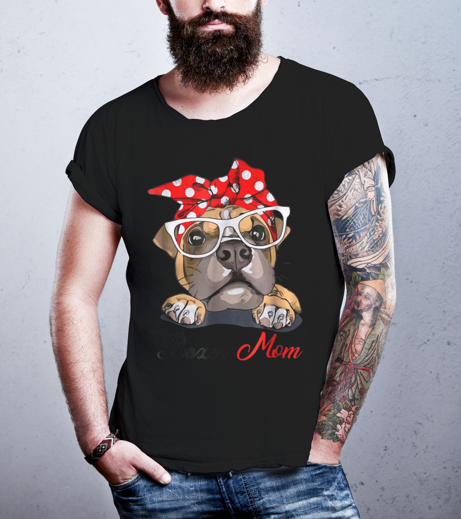 Boxer Mom Funny Boxer Dog With Glasses And Red Polka Dot Bandana T-Shirt