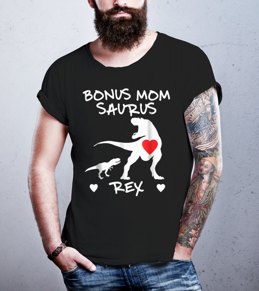 Bonus Mom Saurus Rex Dinosaur Hearts T-Shirt