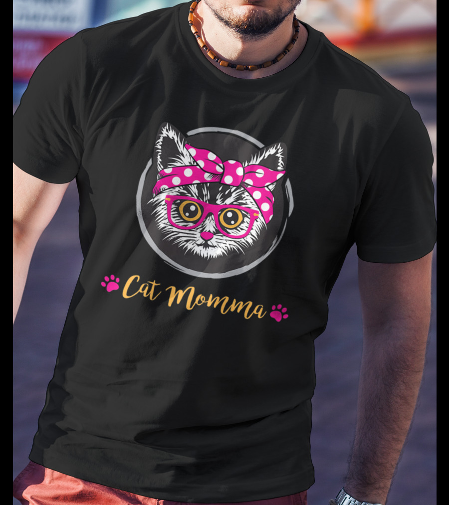Cat Momma Pink Bow Glasses Paws T-Shirt
