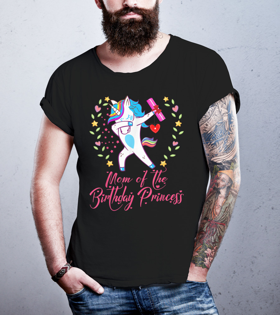 Mom Of The Birthday Princess Unicorn Stars Hearts Rainbow T-Shirt