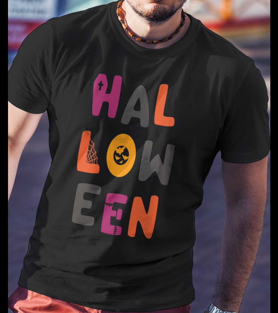 Halloween Cute Teacher Mom Dad Spider Bat Cross Stitched Text T-Shirt