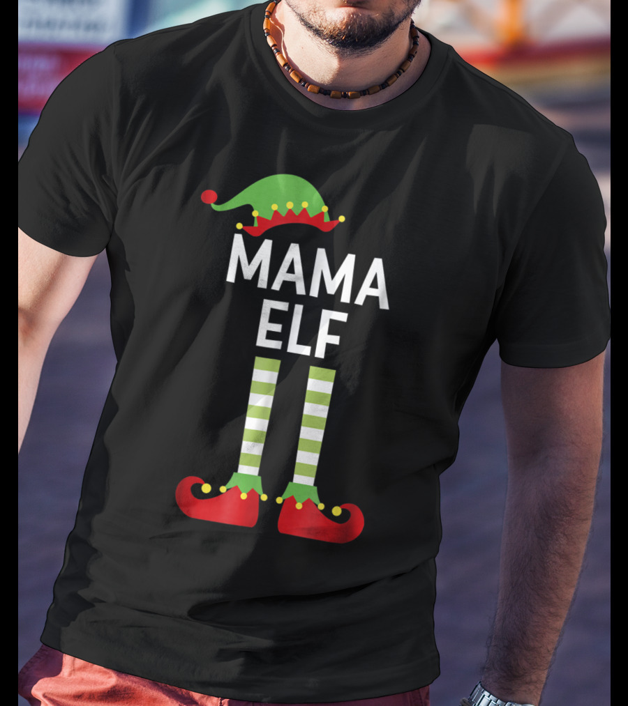 Mama Elf Mom Cute Matching Family Christmas Elves Green Hat Red Shoes Striped Socks T-Shirt