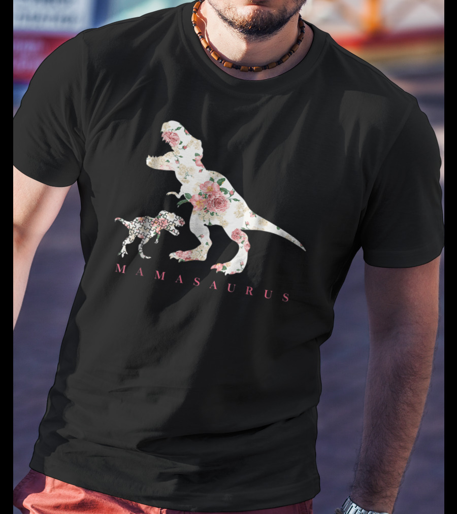 Mamasaurus Dinosaur With Floral And Puzzle Pattern For Autism Awareness T-Shirt