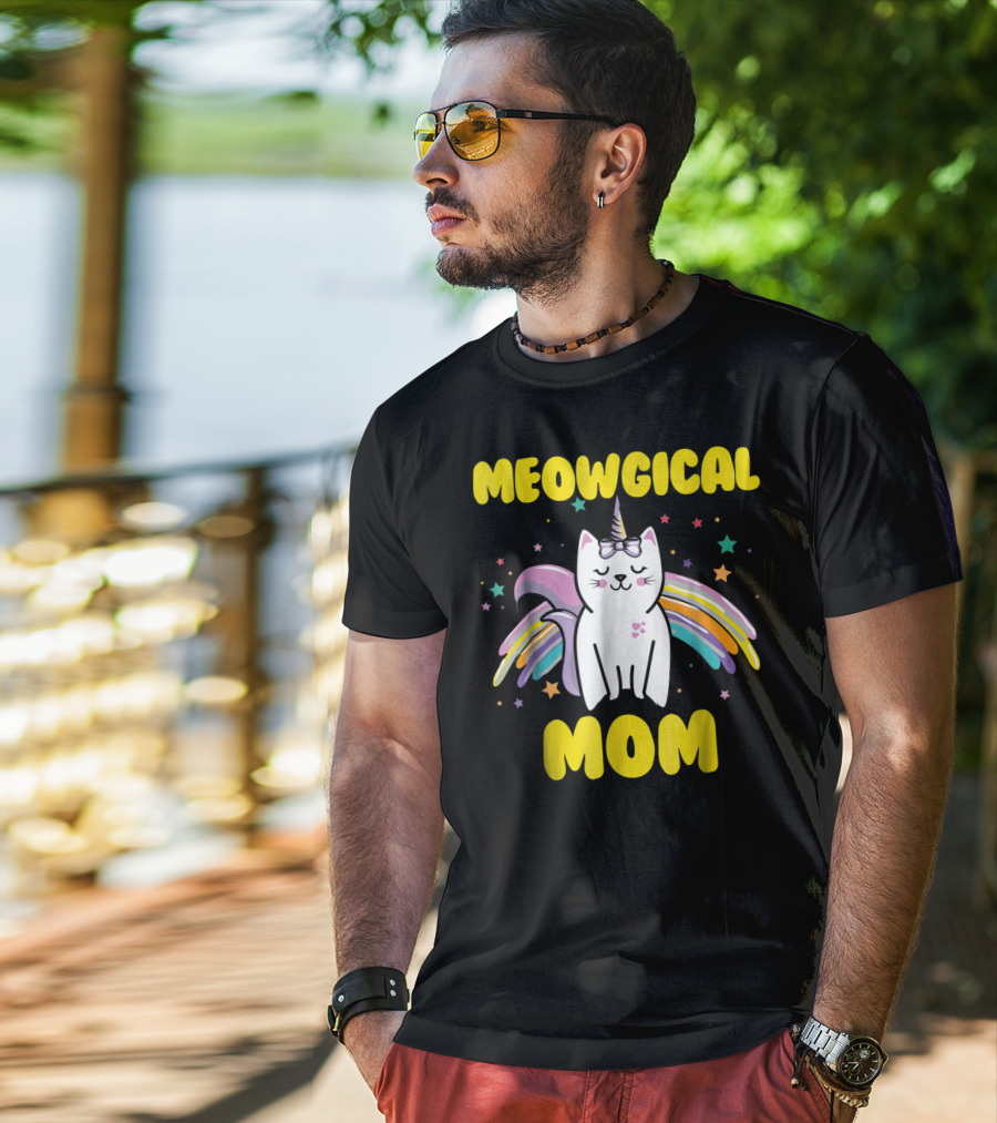 Meowgical Mom Magical Kitty Cat Unicorn Stars And Rainbow Wings T-Shirt