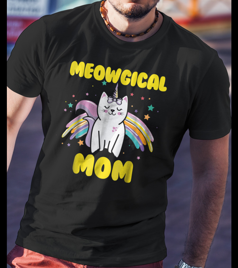 Meowgical Mom Magical Kitty Cat Unicorn Stars And Rainbow Wings T-Shirt