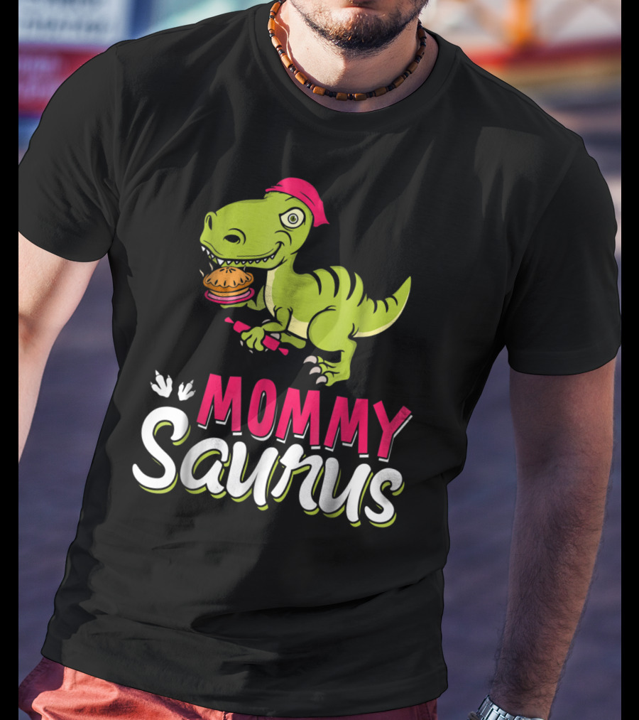 Mommy Saurus T-Rex Dinosaur With Burger And Red Bandana T-Shirt