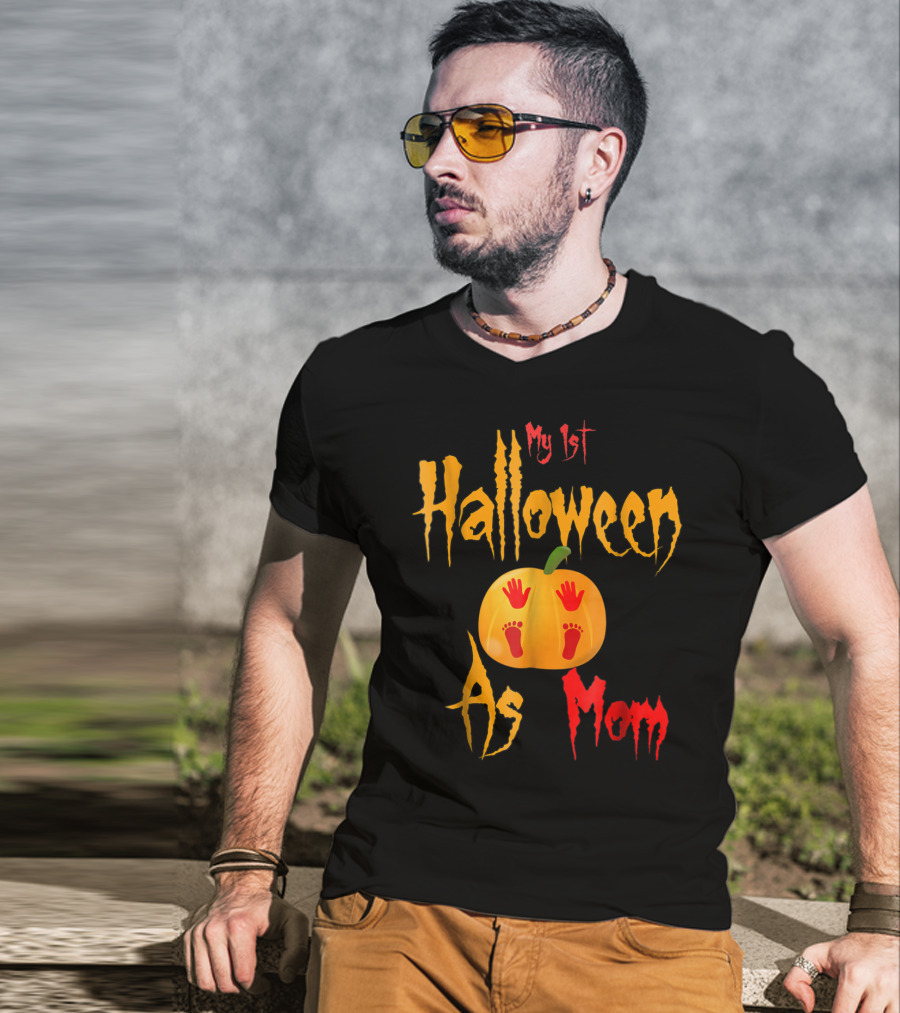 My 1st Halloween As Mom Pumpkin With Baby Footprints And Handprints T-Shirt