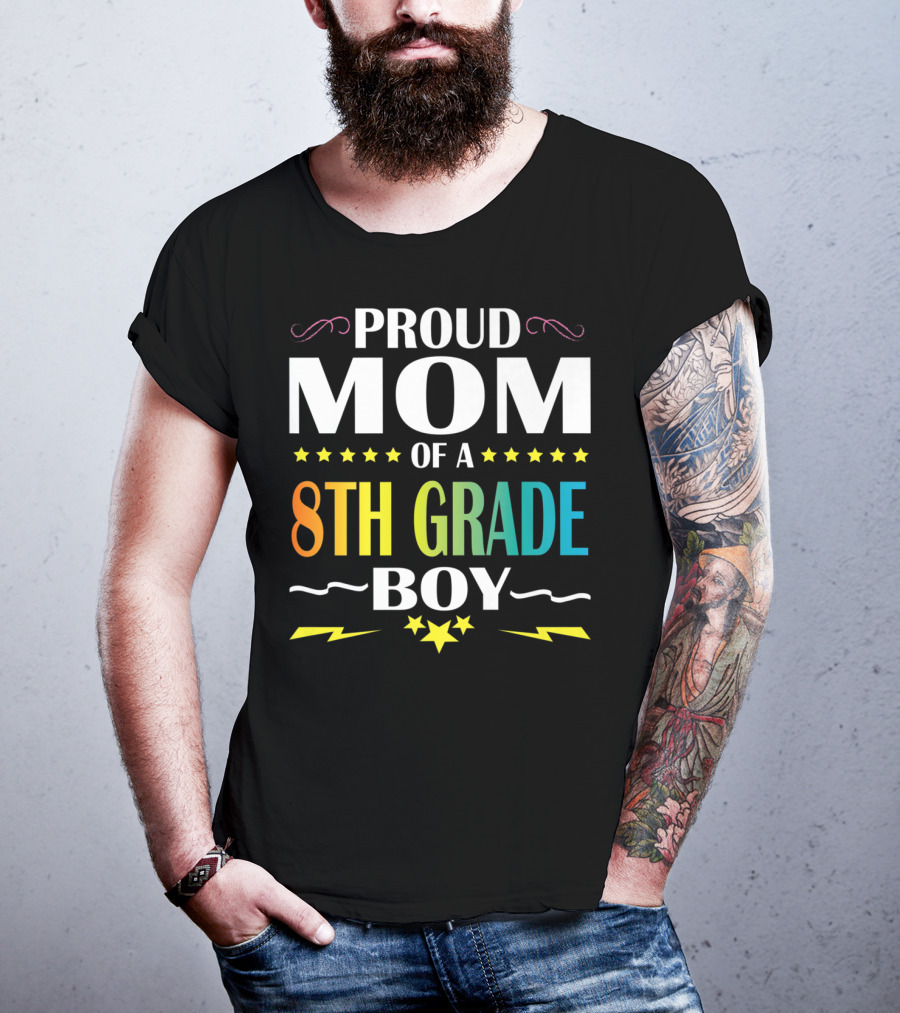 Proud Mom Of An 8th Grade Boy Distressed Stars Lightning First Day Of School T-Shirt
