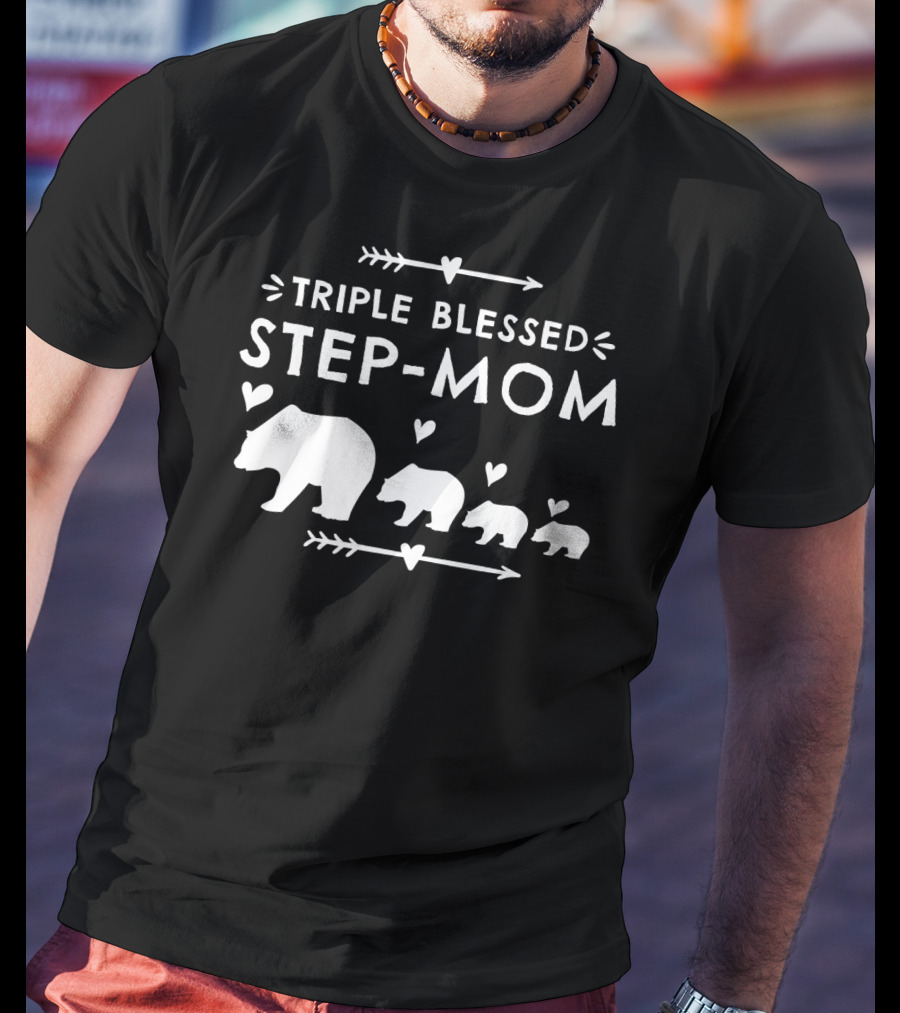 Triple Blessed Step-Mom Bear With Heart And Arrow Motif T-Shirt