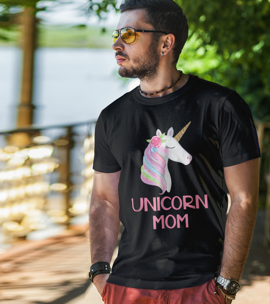 Unicorn Mom Watercolor Pink Flowers And Gold Horn Rainbow Mane T-Shirt