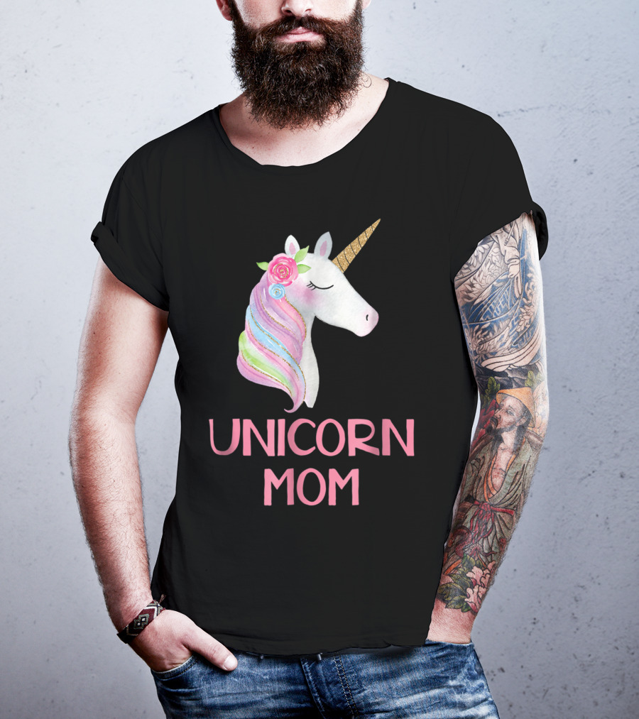 Unicorn Mom Watercolor Pink Flowers And Gold Horn Rainbow Mane T-Shirt