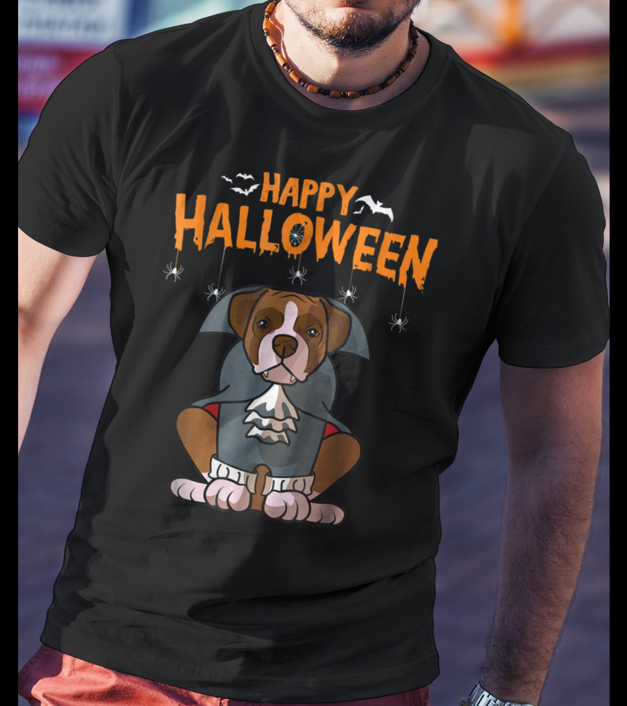 Happy Halloween Funny Boxer Dog Costume With Bats And Spiders T-Shirt
