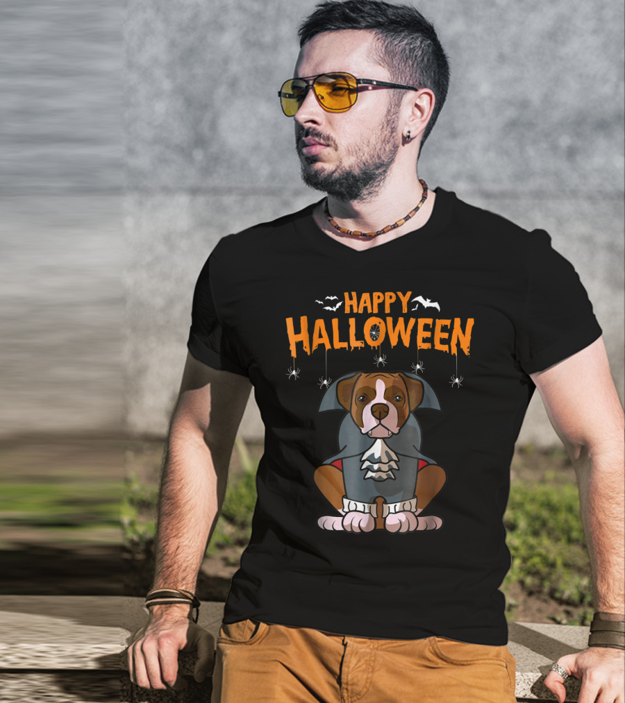 Happy Halloween Funny Boxer Dog Costume With Bats And Spiders T-Shirt