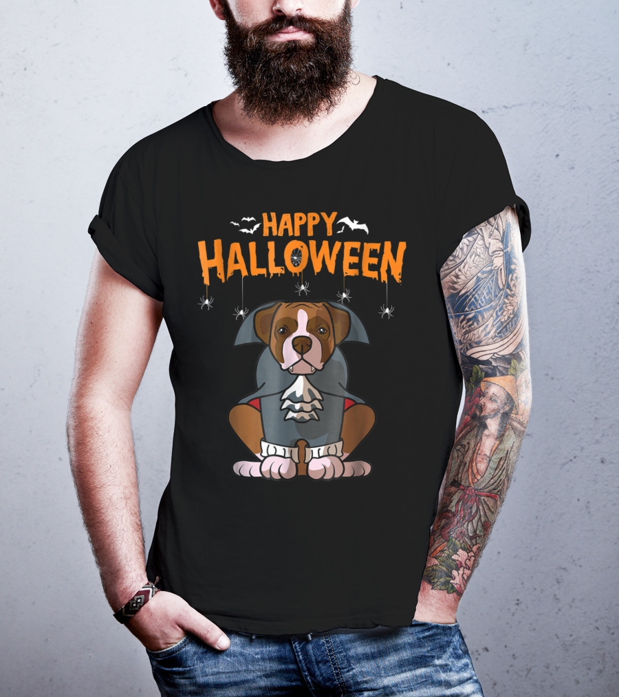 Happy Halloween Funny Boxer Dog Costume With Bats And Spiders T-Shirt