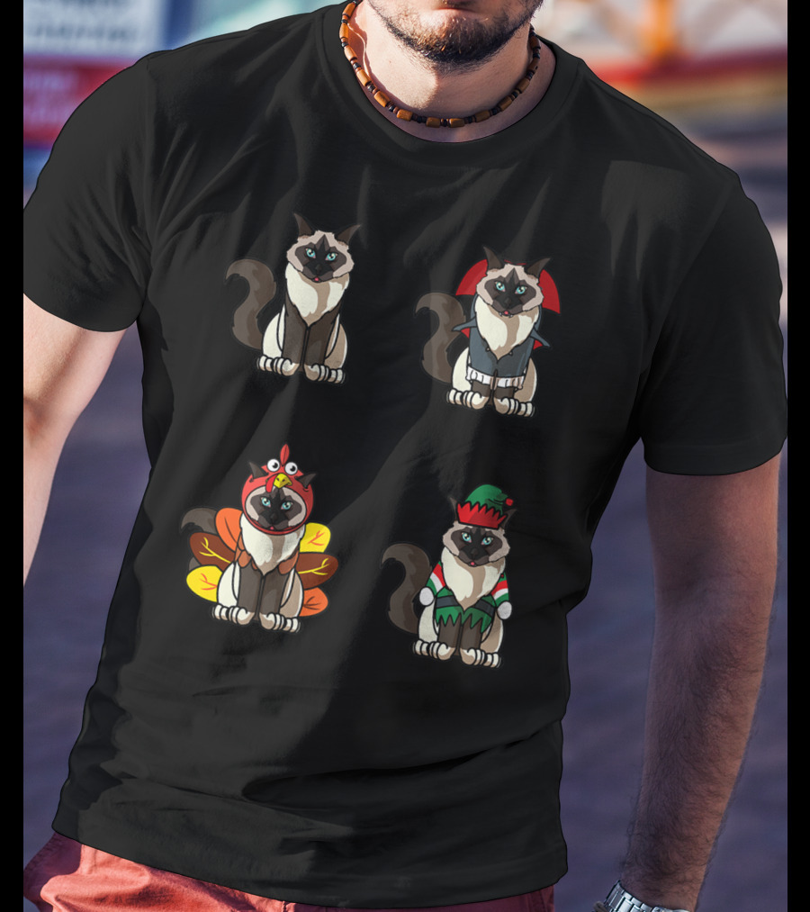 Birman Cat Dracula Turkey Elf Halloween Thanksgiving Christmas T-Shirt