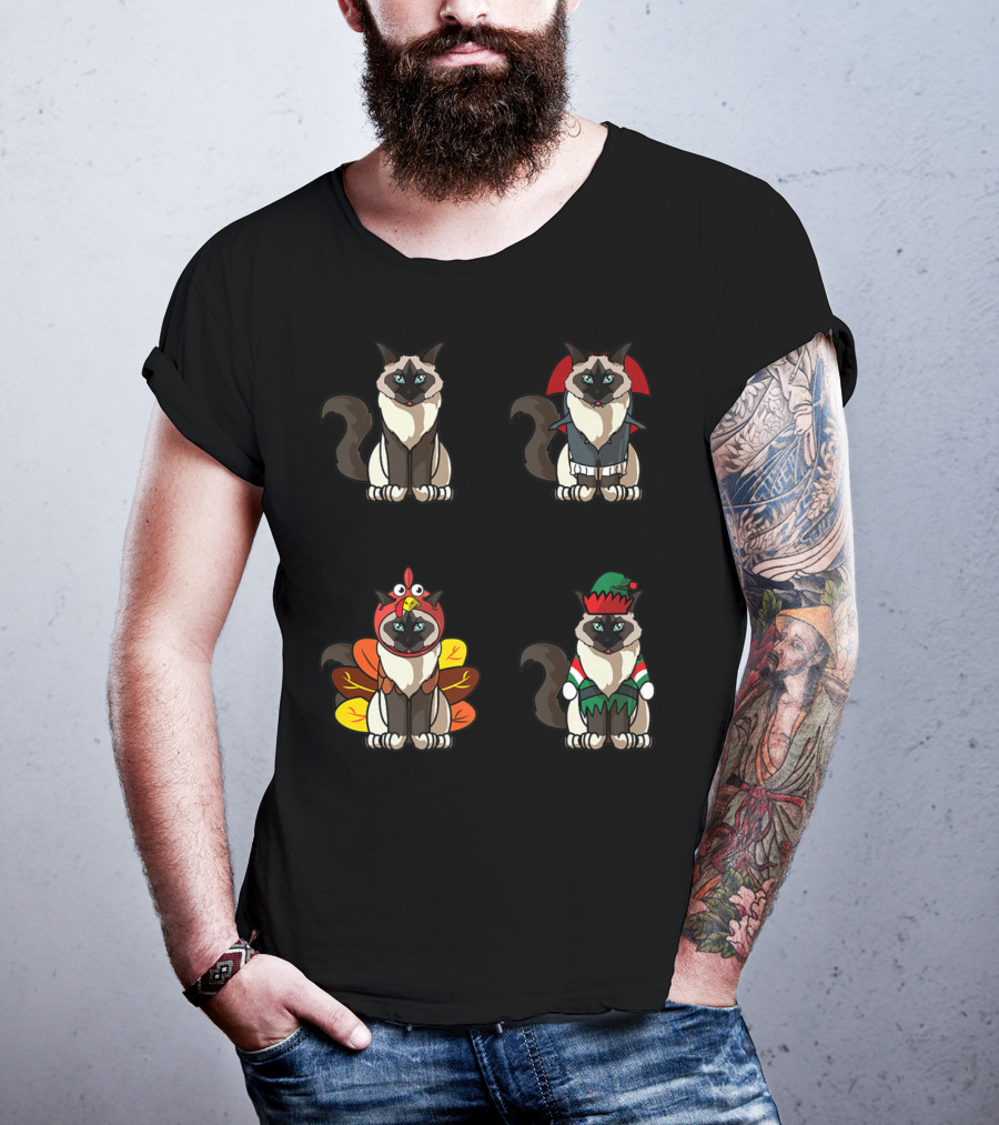 Birman Cat Dracula Turkey Elf Halloween Thanksgiving Christmas T-Shirt