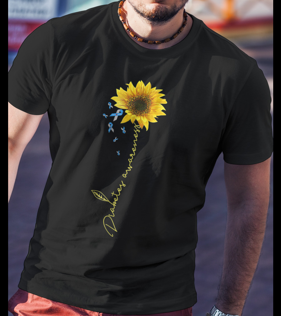 Diabetes Awareness Sunflower With Blue Ribbons T-Shirt