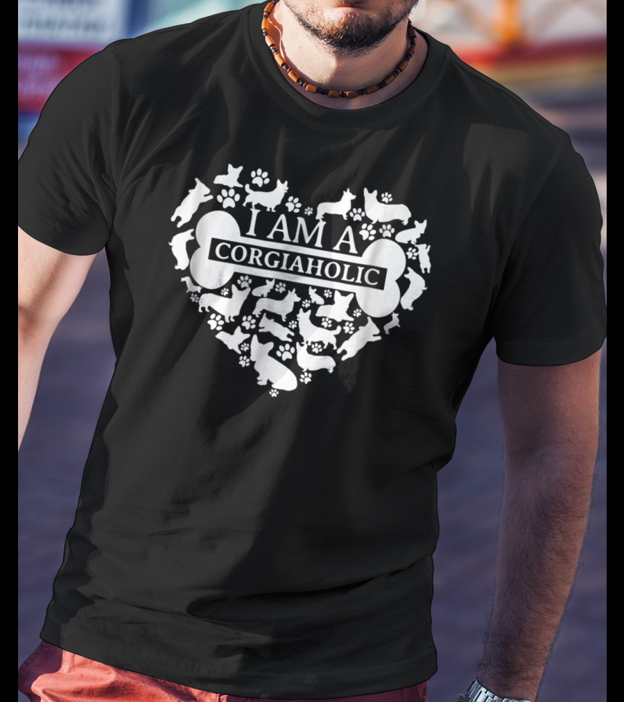 I Am A Corgiaholic Corgi Silhouette Heart Paw Prints Bone T-Shirt
