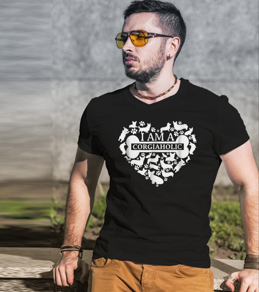 I Am A Corgiaholic Corgi Silhouette Heart Paw Prints Bone T-Shirt